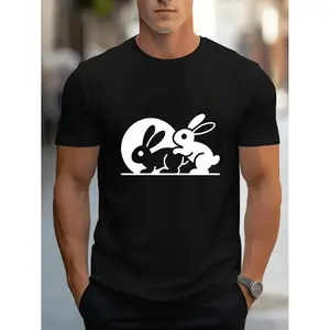Men'S Casual Crew Neck T-Shirt with Black Rabbit Silhouette Graphic - Soft, Breathable Summer Tee for Casual Attire, Everyday Tshirt|Casual Style|Knit Construction