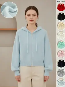 Women's Casual Hooded Knit Cardigan, Zipper Design, Blue Dopamine, Ribbed Hem & Sleeves, Long Sleeve, Fall & Winter Fashion, Knitwear