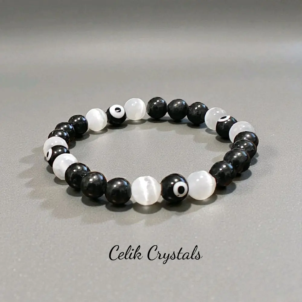Selenite Black Tourmaline Evil Eye Bracelet Handmade Natural Stones 8mm Stretches Unisex Design - Energy Protection and Purification