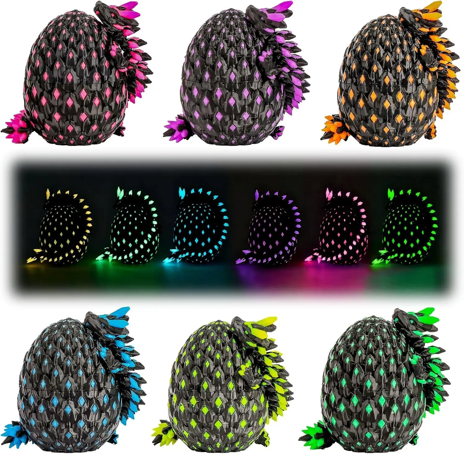6 PCS 3D Printed Glow in The Dark Dragon with Matching UV Reactive Egg - 3D Dragon Egg Set with Dragon Inside, 3D Printed Dragon Fidget Toys