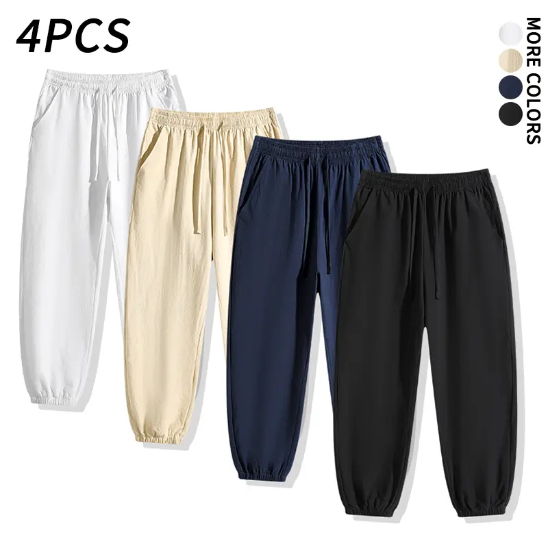 4-PCS soft crinkled cotton loose jogger pants with side pockets, elastic waistband with adjustable drawstring, tapered cuffs; versatile basic T-shirts and sun-protection hoodies suitable for home leisure, daily commuting, street casual wear, shopping tri