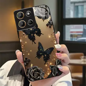 Black Butterfly Rose Glass-like Plastic Protective Phone Case Cover Suitabele for Moto Edge 60 Pro/60 Fusion/Edge 50 Ultra/50 Pro/50 Fusion/30 Pro/20 Pro/Moto G Stylus 5G (2023), New Year Valentines Gift