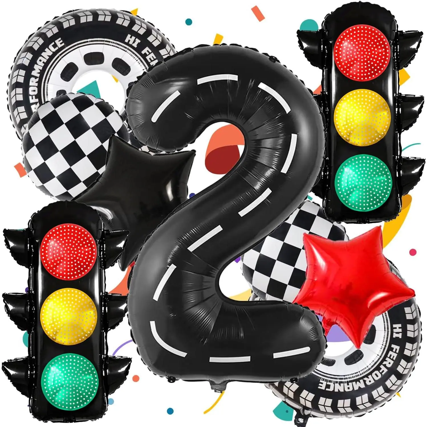 40-Inch Aluminum Foil Race-Themed Balloon Set - 9-Count Checkered Racetrack, Number 2, Traffic Light Balloons with Pump, Synthetic Material for 2nd Birthday Party Decorations