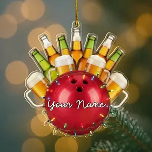 Personalized Bowling Christmas Ornament, Funny Custom Name Bowling 2D Flat Acrylic 1-Sided Decor, Xmas Gift for Family Friends Coworkers Team Coach Black