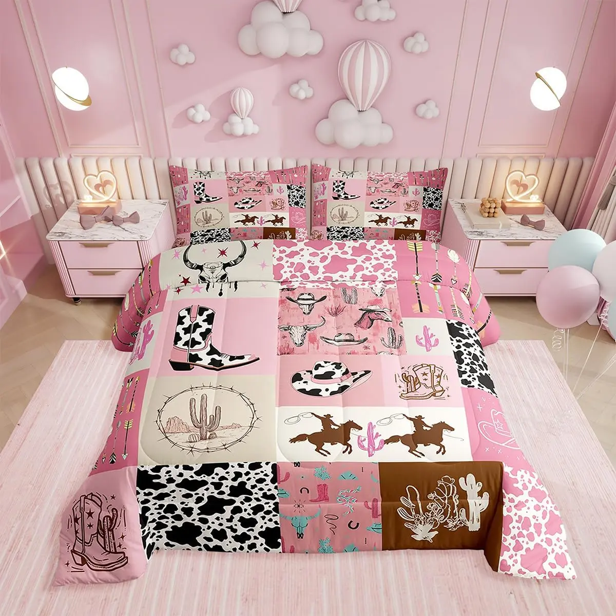 Feelyou Girls' Queen Bedding Set - Black and White Cow Print, Southwest-Inspired Horseshoe & Western Hat Motifs, Breathable Soft Quilt Bedding Set, Bedding Sets