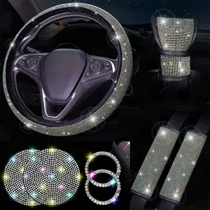 8-Piece Luxury Car Interior Accessories Set, Diamond Steering Wheel Cover, Crystal Seatbelt and Gear Shift Kit, Shiny Cup Holder, Girly Car Interior Sets, Bling Car Accessories