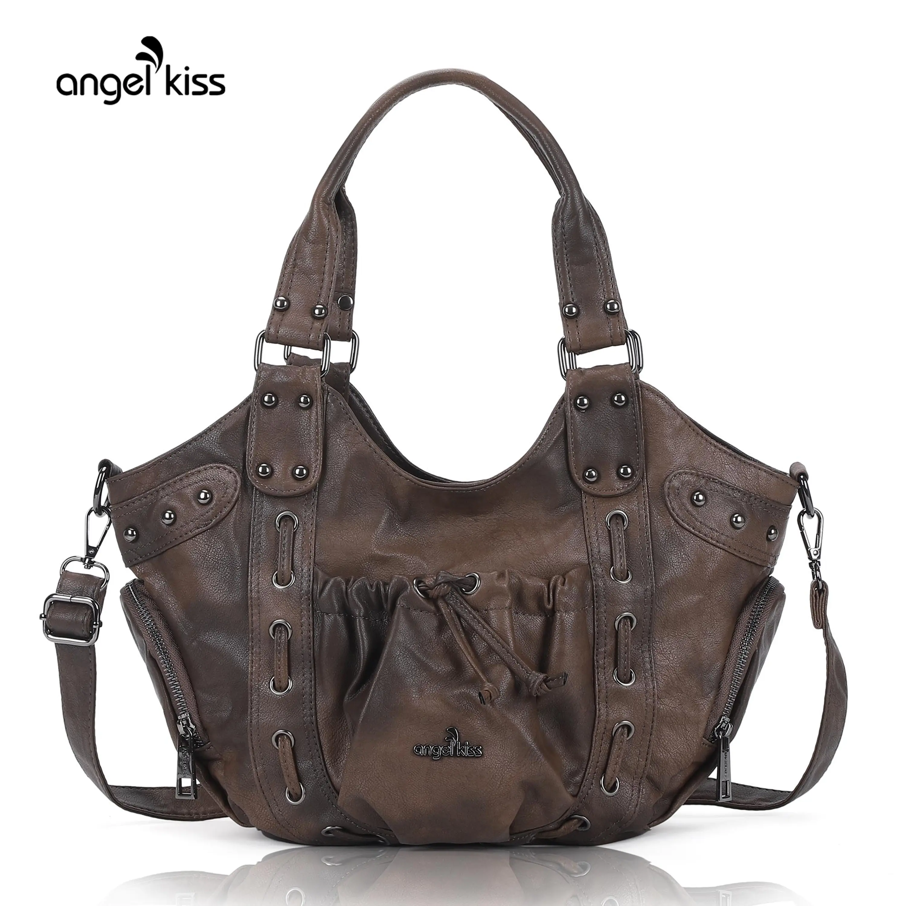 Angel Kiss Women's Medium PU Leather Shoulder Tote Hobo Bag - Riveted, Retro, Spacious, Zip Closure, Everyday Hobo Bag for Daily Use, Casual Commuter Bag, Tote Bags,summerwins tiktokshopbacktoschool,back to school,back to school haul