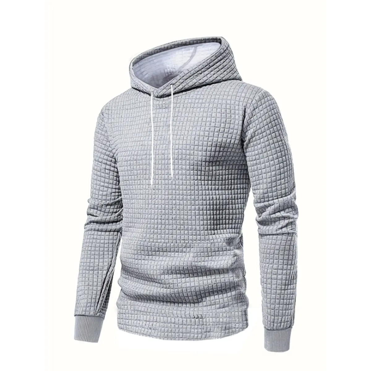 Gray Waffle Knit Hoodie – Trendy Retro Streetwear for Effortless Urban Style Menswear Sweatshirts Tops Man Pullover Long Sleeve Lawn Casual fall outfits hoodies men y2k clothing 2000s outfits streetwear black fits outfits men men clothing fall outfits men