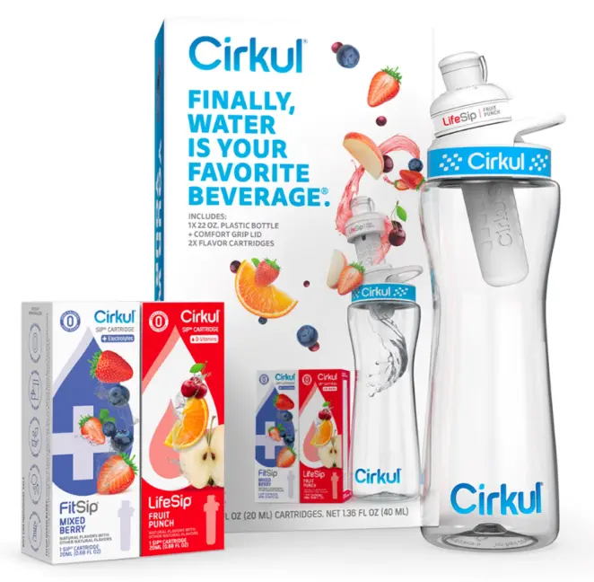 Cirkul 22 oz Plastic Water Bottle Starter Kit with Blue Lid and 2 Flavor Cartridges (Fruit Punch & Mixed Berry)