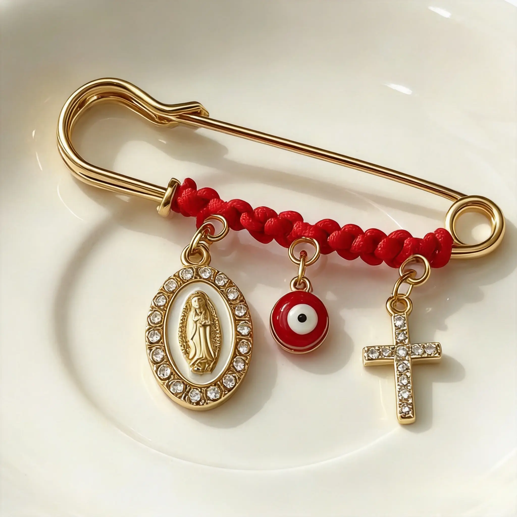 September Laurel Pregnancy Protection Brooch for Mom & Baby Religious Charm Maternity Safety Pin Brooch – Virgin Mary, Cross & Evil Eye Belly Jewelry Pin