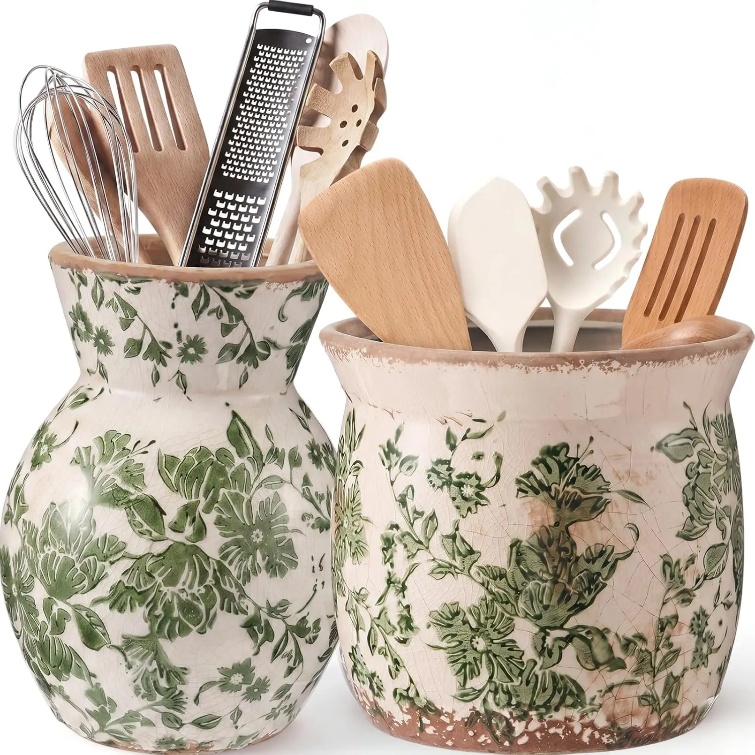 2-Pack Stylish Green Floral Ceramic Utensil Holder Set, 7.09"x5.51" Vintage Rustic Kitchen Counter Crock, Storage Organizer for Spatulas, Farmhouse Home Kitchen Decor & Housewarming Gift