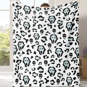 Ghost Face Flannel Blanket Spooky Leopard Print UltraSoft Warm Lightweight Cozy for Couch Living Room Bedroom Travel Halloween Decoration Perfect Gifts Suitable for all four seasons Suitable for giving as gifts to friends, parents and children