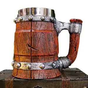 The Armored Kingdom Aleforge of the Ancient Mug - 16 oz Cold-Cast Resin & Stainless Steel Barrel-Style Tumbler with Iron Bands & Wooden Texture for Dwarven Lords & Fantasy Lovers, Coffee, Drink
