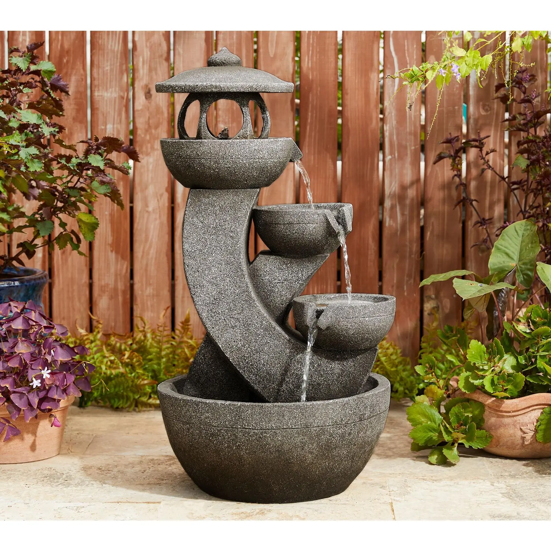 Glitzhome 32" 4-Tiered LED Polynesian Pagoda Outdoor Fountain