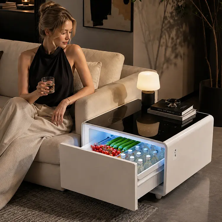 Sofa Table with Fridge, Smart Side Table with Wireless Charging, USB Chargers & LED Light, Mini Fridge Coffee Table for Living Room