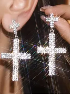 Rhinestone Decorated Cross Design Earrings, Fashion Jewelry for Party, Daily Clothing Decor, Trendy All-match & Exquisite Jewelry for Birthday Gift