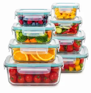Borosilicate 8 Pack Glass Food Storage Containers 8 Pack Stackable Square Design with Airtight Lids Green Rectangle Safe for Oven Microwave Freezer High Temperature Durable Kitchen Utensils
