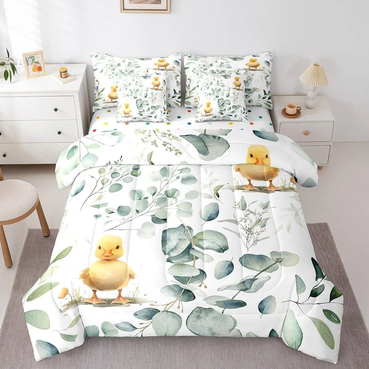 Cute Animal Bed in a Bag 7-Piece Cartoon Duck Bedding Set,Spring Eucalyptus Comforter Set Watercolor Leaves Bedding Comforter Sets,Kawaii Farm Animal Bed Set