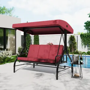 3-Seat Outdoor Patio Swing with Adjustable Canopy & Backrest, Outside Porch Converting Bed with Thickened Removable Cushions, Porch Swing Chair for Backyard, Poolside, Garden, 750LBS