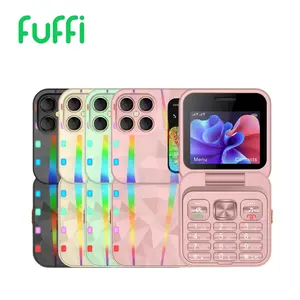 FUFFI mini folding clamshell phone. Surrounding colorful light effect. 2G network. Dual SIM dual standby. 2.4-inch screen. 1250 mAh battery. Comes with a lanyard/handheld flashlight/FM radio. Supports up to 8GB card expansion capacity. Cellphone