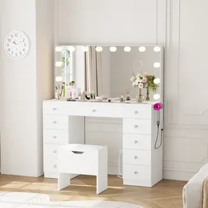 VOWNER Vanity with 10×Magnifying Mirror, With Glass Top&Power Outlet, 3 Color Light Options, 43" Vanity Table with 11 Drawers&Stool, Bedroom, White
