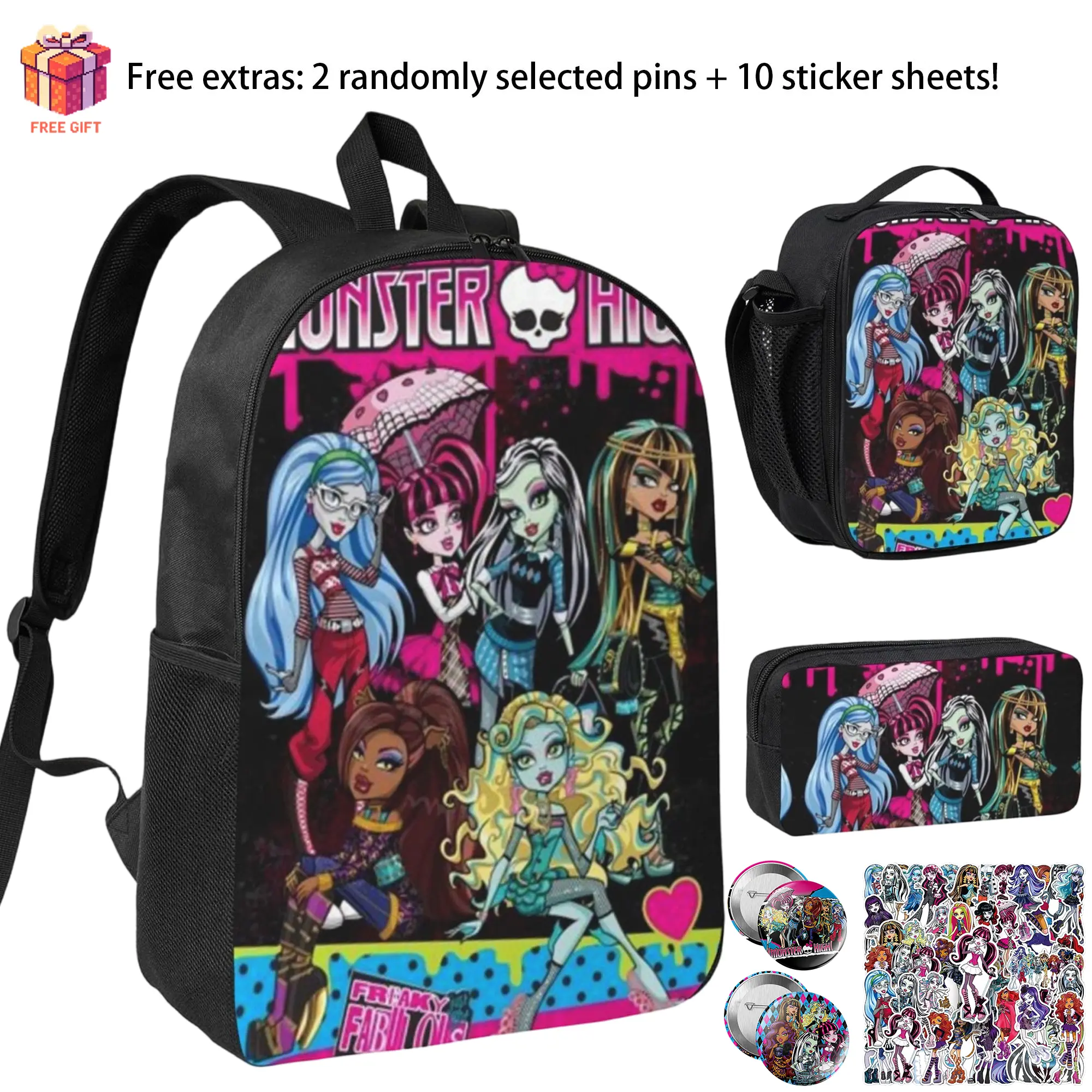 Monster High Lightweight Backpack Set With Lunchbox And Pen Pouch A Great Backpack 17inch For Traveling Rucksack Draculaura Daypack Cleo de Nile lunchbag