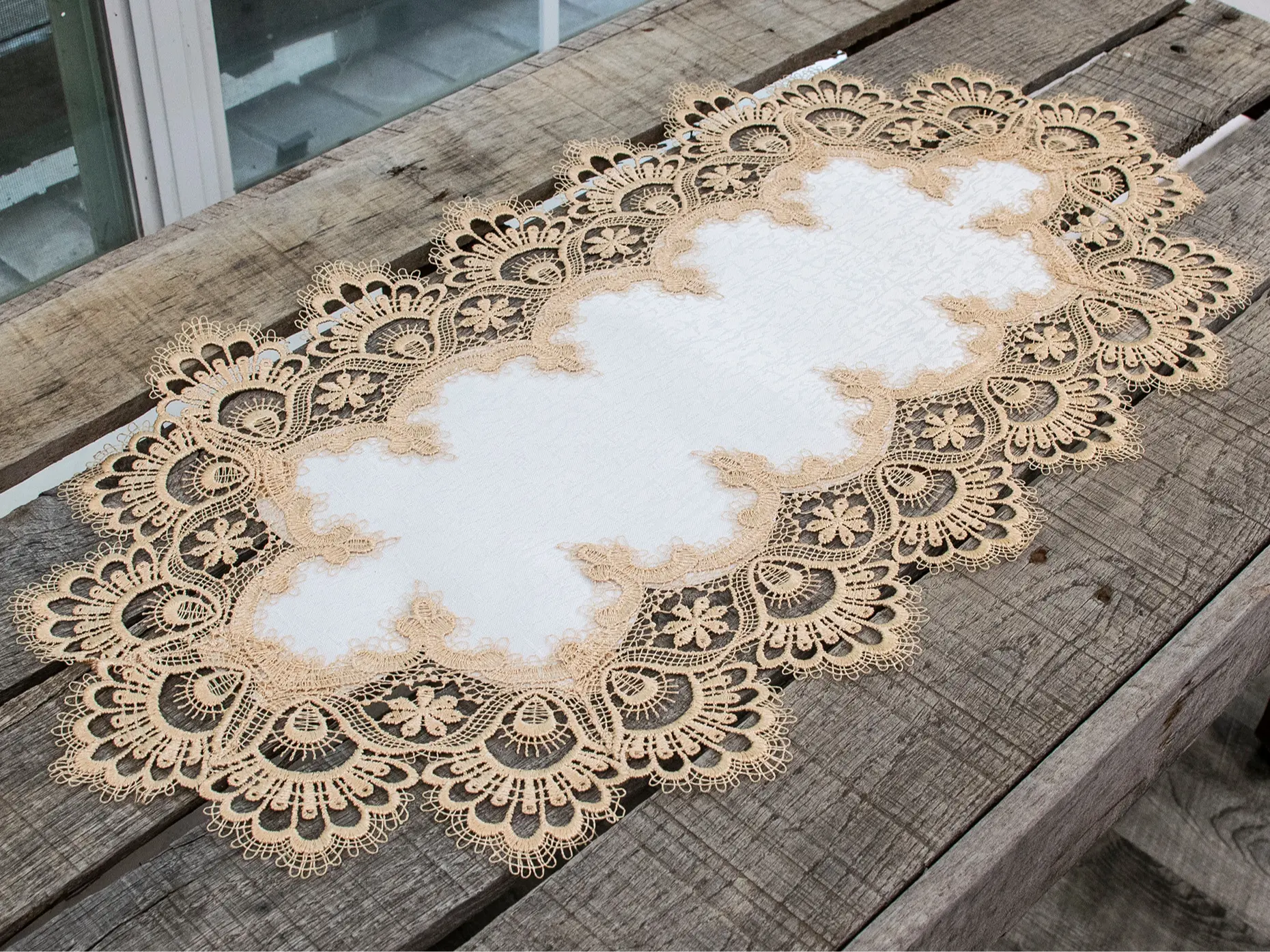 Linens Art And Things 1-Piece Gold European Antique Lace & Jacquard Fabric Table Runner - Dresser Scarf, Table Decor, Multi-Size Options (14"x27", 16"x35", 16"x44", 16"x54", 14"x70")