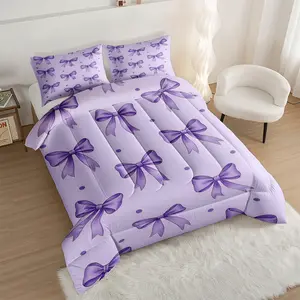 Light Lavender Bow Print Comforter Set, Whimsical Purple Dots Bedding Set, Soft Breathable Bedding, Soft & Playful Digital Printed Quilt, Ideal for Decorating Girls' Rooms and Teenagers' Spaces, with 1 or 2 Pillowcase No Pillow Core
