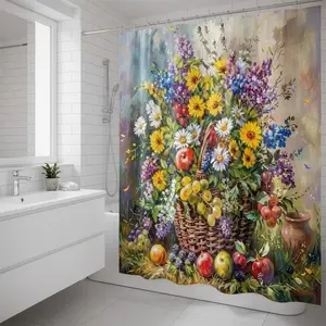 Vintage Oil Painting Style Flower Basket Bath Curtain, European Classical Artistic Bathroom Decor, Soft Polyester Material, Home Hotel Use