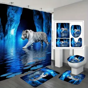 1/4pcs Blue Cave Tiger Pattern Bathroom Decor Set, Bathroom Decoration Accessories, Bathroom Accessory, including toilet seat cover, rectangular bathroom mat, and U-shaped mat, Comes with 12 shower curtain hooks, Shower Curtain Sets