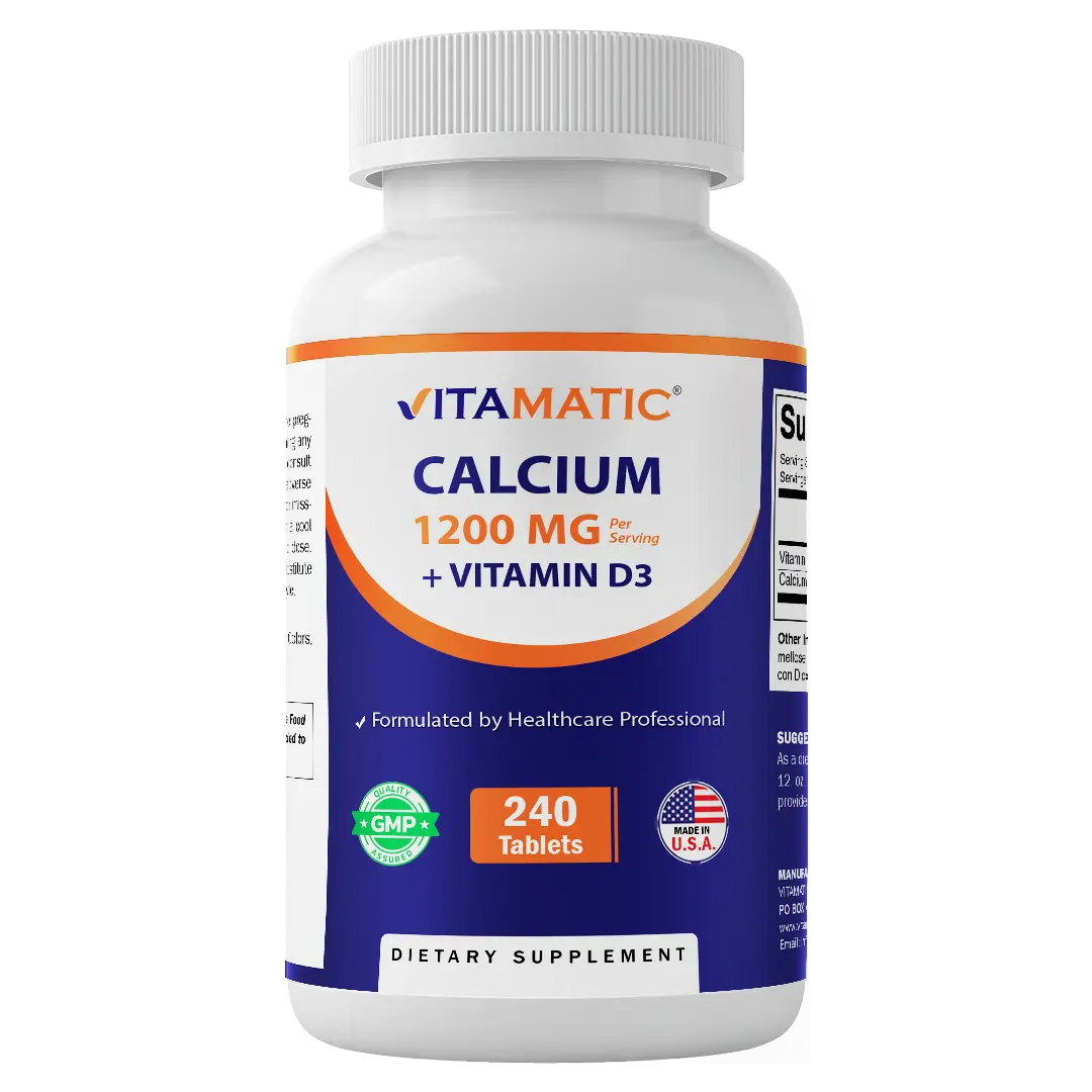 Vitamatic Calcium Carbonate 1200mg with Vitamin D3 2000 IU (50mcg) Tablets - 240 High Absorption, Non-GMO, Gluten-Free, Sugar-Free, Allergy-Friendly Tabs for Bone Boost, Youth Immunity Support, 240 Tabs