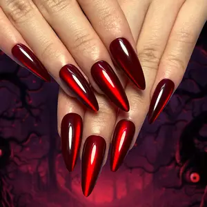 Crimson Dagger Long Stiletto Press-On Nails – Deep Blood Red Metallic Chrome Finish, Bold and Dramatic Reusable False Nail Set, Perfect for Halloween, Cosplay, Parties, Gothic and Vampire-Inspired Looks, Easy to Apply and Long-Lasting Manicure Set