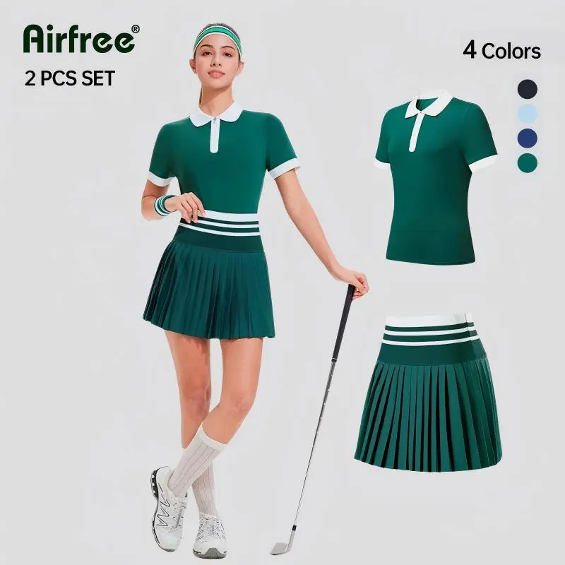 Women's Athletic Gear 2-Piece Set, Colorblock Nylon Short/Long Sleeve Polo & High-Waisted Zipper Fly Tennis Skirt for Golf, Everyday Activewear, Tennis Attire, 2 Piece Sets