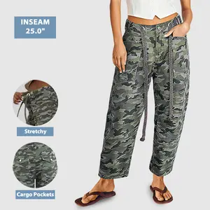 Flamingals Stretchy Camo Print Eyelet Drawstring Mid Rise Barrel Leg Pants - High Stretch Fabric, Adjustable Fit, 25.0" Inseam, Machine Washable Summer Vibes