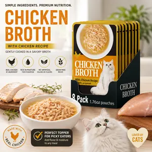 Chicken Broth Cat Food Topper, Lickable Wet Cat Treat with Real Chicken & Vitamin E, Hydrating Side Dish for Cats & Kittens, 1.76 oz Pouches Pack of 8