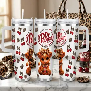Highland Cow Car Cup (40oz/30oz/20oz) Leopard Print and Cherry Pattern Cute Animal Design Double Wall Stainless Steel Insulated Tumbler Perfect for Car Travel Office Home Birthday Gift Holiday Use