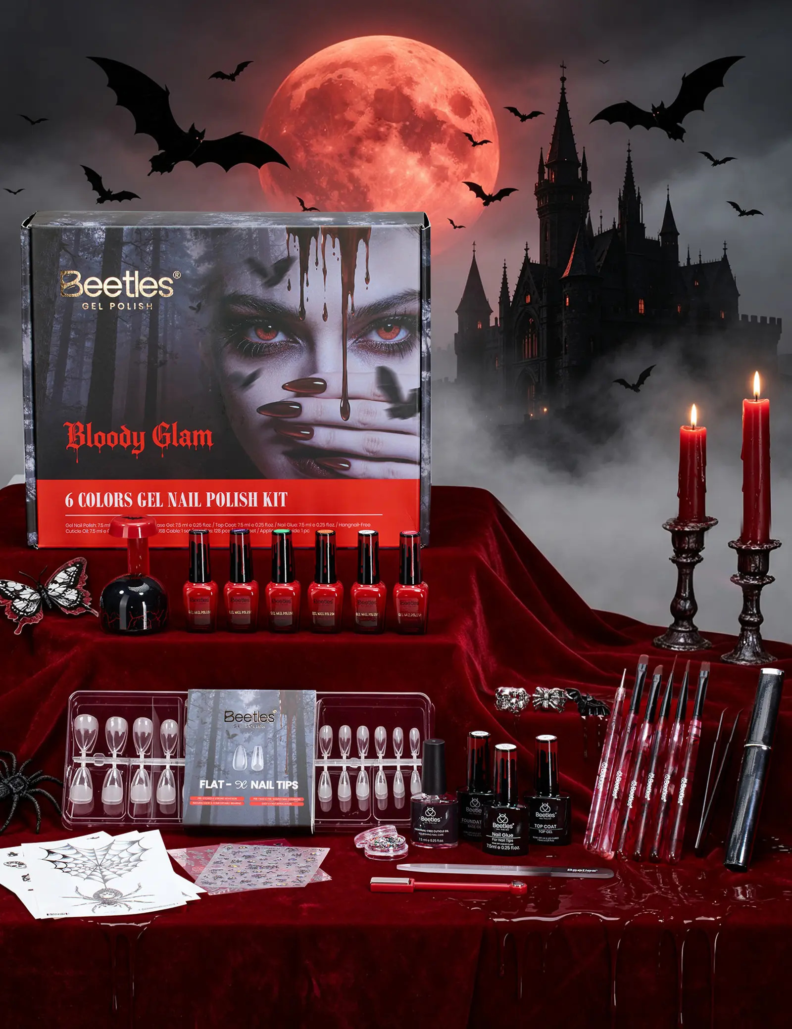Beetles Halloween Durable Gel Nail Polish Kit - 6-Color Bloody Glam Set with Mini UV Light, Nail Tips, Gothic Stickers, Rings, Manicure Tools for Moisture Lock, Peeling Prevention, Halloween Party Gifts