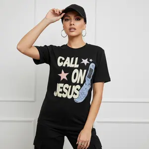 Women's Call On Jesus with flip phone Graphic T-Shirt - 100% Cotton Short Sleeve Crew Neck Regular Fit Casual Wear | Soft & Breathable Fabric, Durable Print, Everyday Comfort, Machine Washable, retro vintage casual fashion