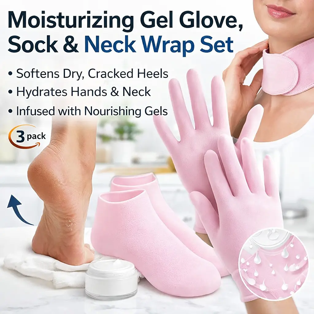 3-Pack Silicone Gel Kitchen Moisturizing Set - Gloves, Socks, Neck Mask with Natural Oils & Neck Strap for Dry Cracked Heels, Hands, Wrinkles (Netflix Binge Session Essential) Utensils