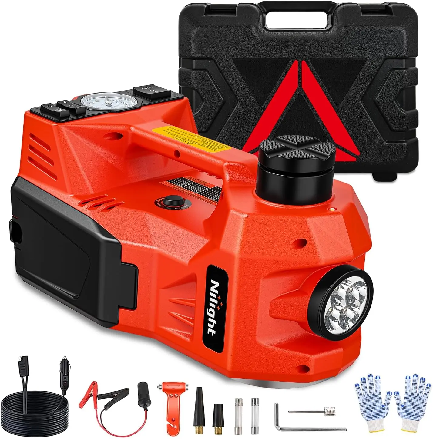 Nilight 5 Ton 12V Electric Car Jack – 3 in 1 Hydraulic + Inflatable Pump + LED Light | Portable Floor Jack for Tire Change on Sedan SUV MPV Truck | Roadside Kit | Orange Hand Winch, Car Accessories