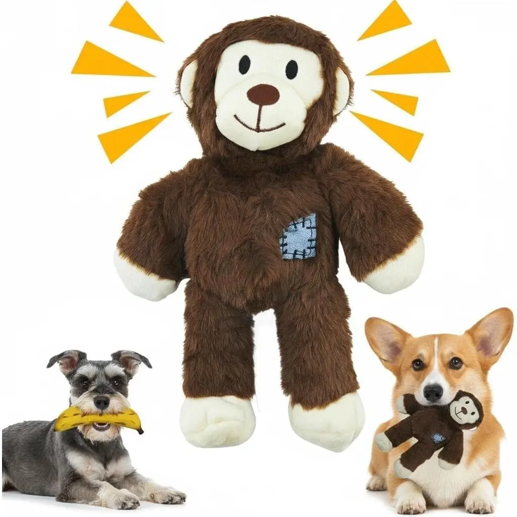 Dog Squeaky Toys, Plush Monkey & Silicone Banana Dog Toy Set, Interactive Dog Chew Toys for Small Medium Dogs, Soft Stuffed Squeaker Toy & Puppy Teething Toy for Indoor Play, 2 Pack