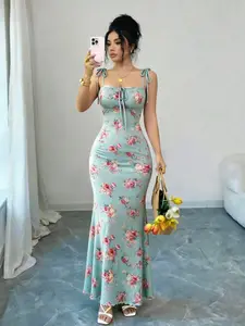 Women's Floral Print Dress, Ruffled Hem and Thin Straps Design, Summer Casual Style, Perfect for Daily Wear and Special Occasions