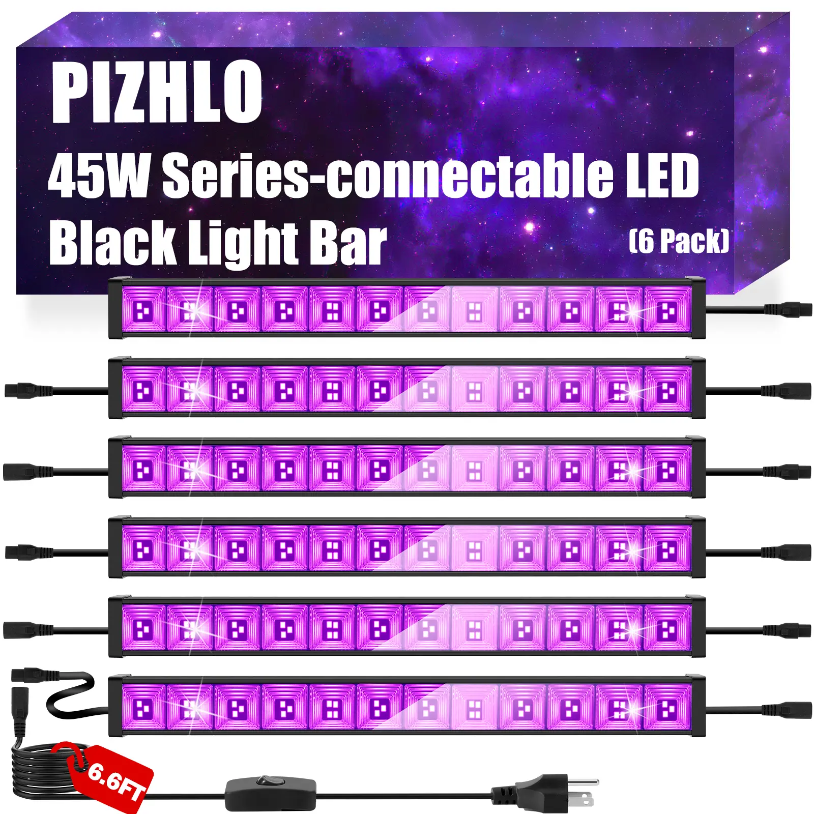 PIZHLO 6-Pack 45W Series-Connectable LED Black Light Bar, Scalable Blacklight with 6.6ft Cord+Switch, 26x26ft Coverage for Halloween Lights Bedroom, Body Paint, Fluorescent Poster Events