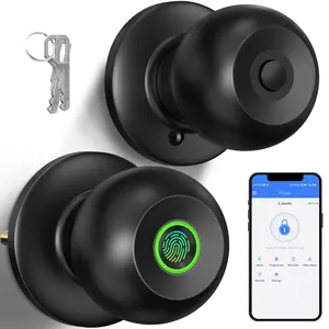 52HZ Fingerprint Door Knob with Lock, Smart Lock for Bedroom Door, Biometric Door Lock with App Control & Key, Thumbprint Keyless Entry Door Lock for Front Door, Home, Apartment, Office, Matte Black