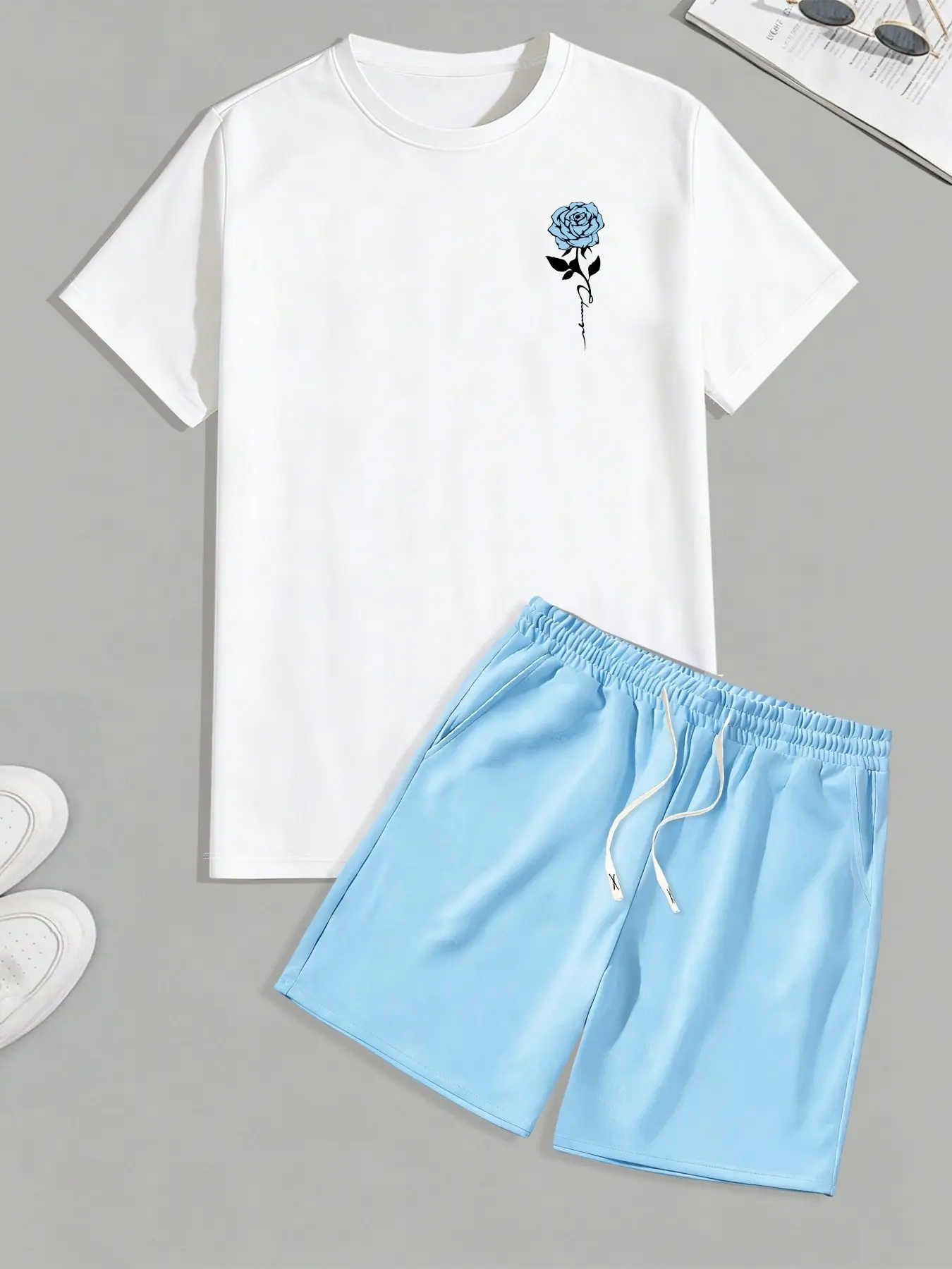 Men's Summer Casual Set Outfit, Bestselling Floral Rose Print Round Neck T-Shirt + Outdoor Sporty Drawstring Shorts, Comfortable Summer, 2 Pieces, Menswear