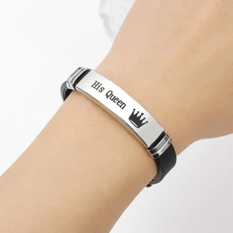 Exquisite Stainless Steel & Silicone Couple Bracelets 'Her King' & 'His Queen' Set of 2 Unisex Fashion Wristbands for Couples Stylish Comfortable and Ideal Gift