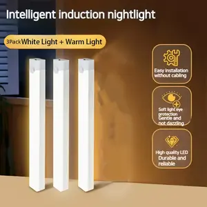 3 pcs USB Rechargeable LED Motion Sensor Light Strip - Soft white and warm light, easy to install in kitchen cabinets, stairs, hallway closets, durable and reliable performance, indoor motion sensor light