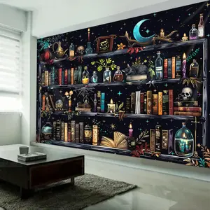 Magic Bookshelf Pattern Tapestry Wall Mural, Mysterious Starry Sky Skeleton Bookshelf Background Banner, Wall Hanging for Home Living Room Bedroom, Decor