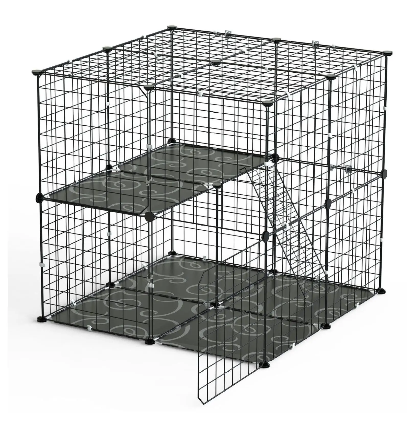 Cat Cage Playpen 2-Tier Indoor Kitten Kennel - Detachable Cat Crate w/ Ladder & 2 Doors for 1-2 Cats, Small Animals up to 14lbs - Black