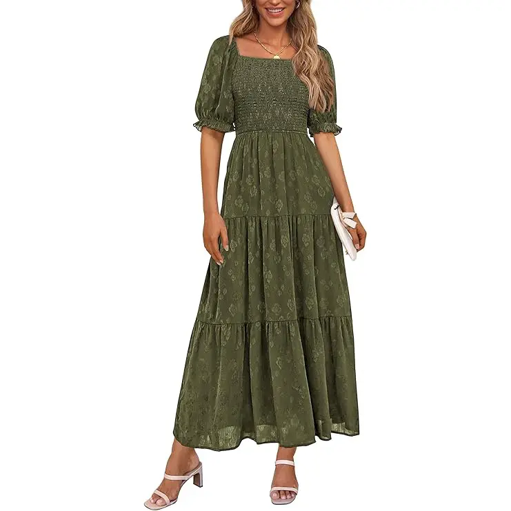PrettyGarden Women's Summer Casual Midi Dress Square Neck Short Sleeve Smocked A Line Boho Floral Flowy Elegant Midi Dress - Womenswear, Comfort